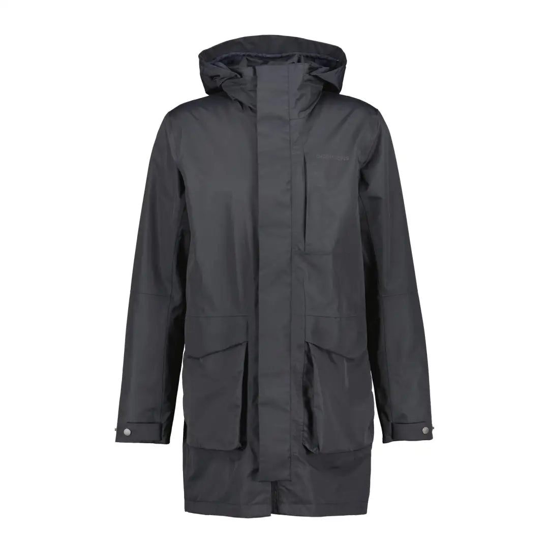 Dark gray Didriksons Andreas Parka with hood and multiple pockets for rainy days