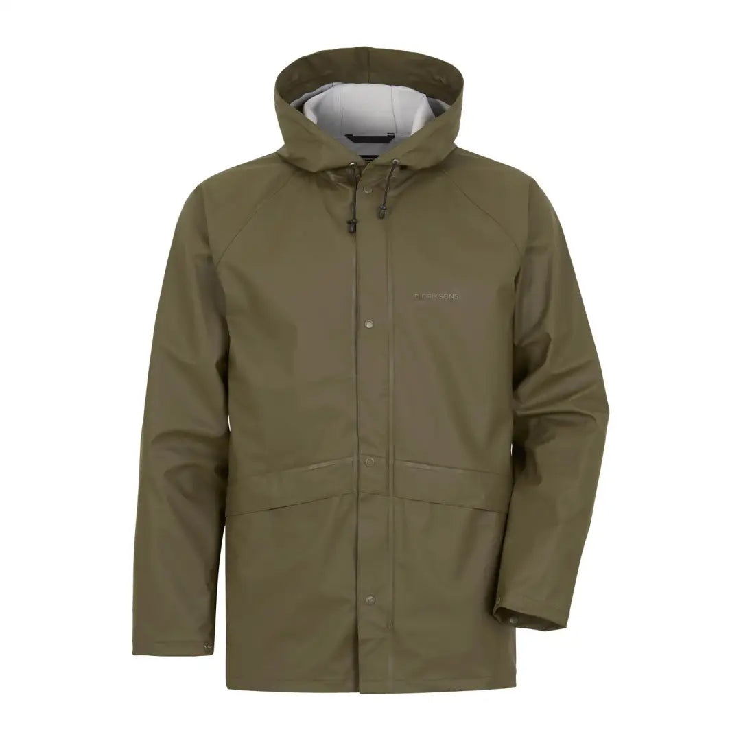 Olive green Didriksons Avon Jacket 2 with adjustable fixed hood and snap closures