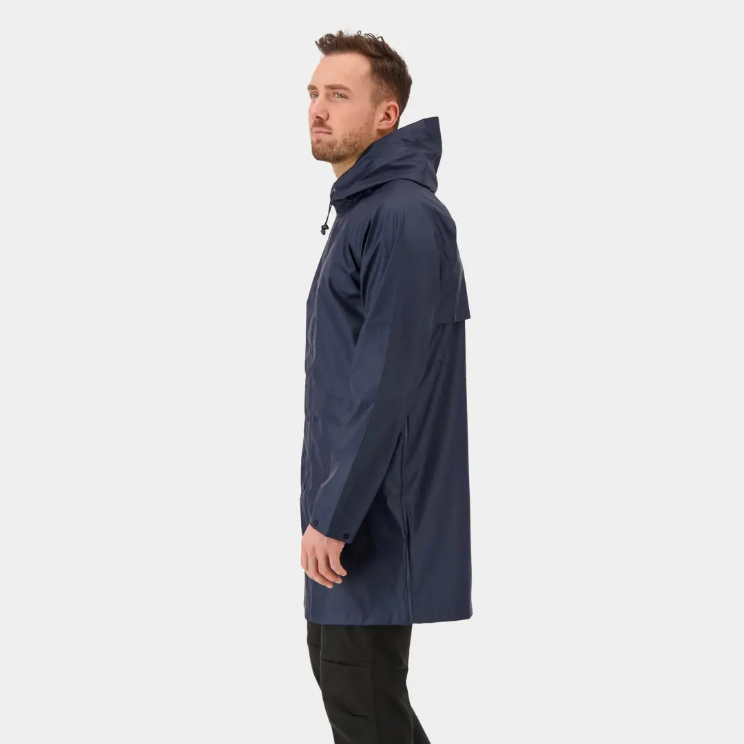 Navy blue Didriksons Avon Parka, a stylish windproof rain parka that’s fully waterproof