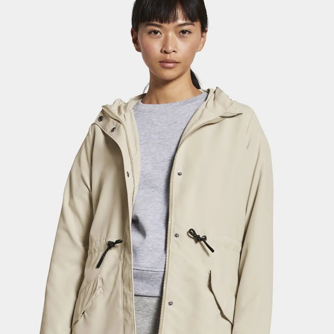 Beige Didriksons Daniela Womens Parka with drawstring waist and front pockets