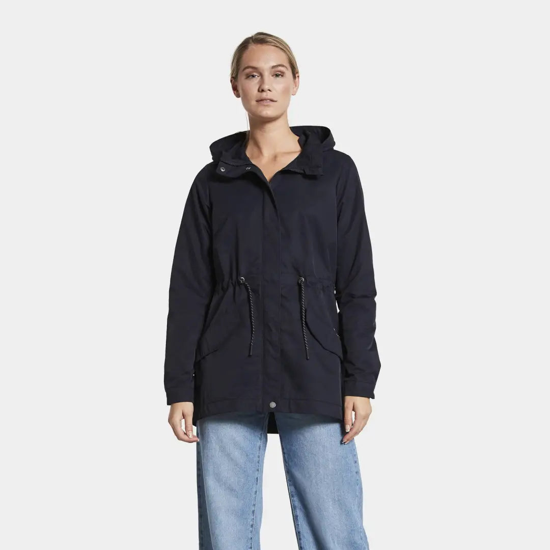 Navy blue hooded Didriksons Daniela Womens Parka with drawstring waist and pockets