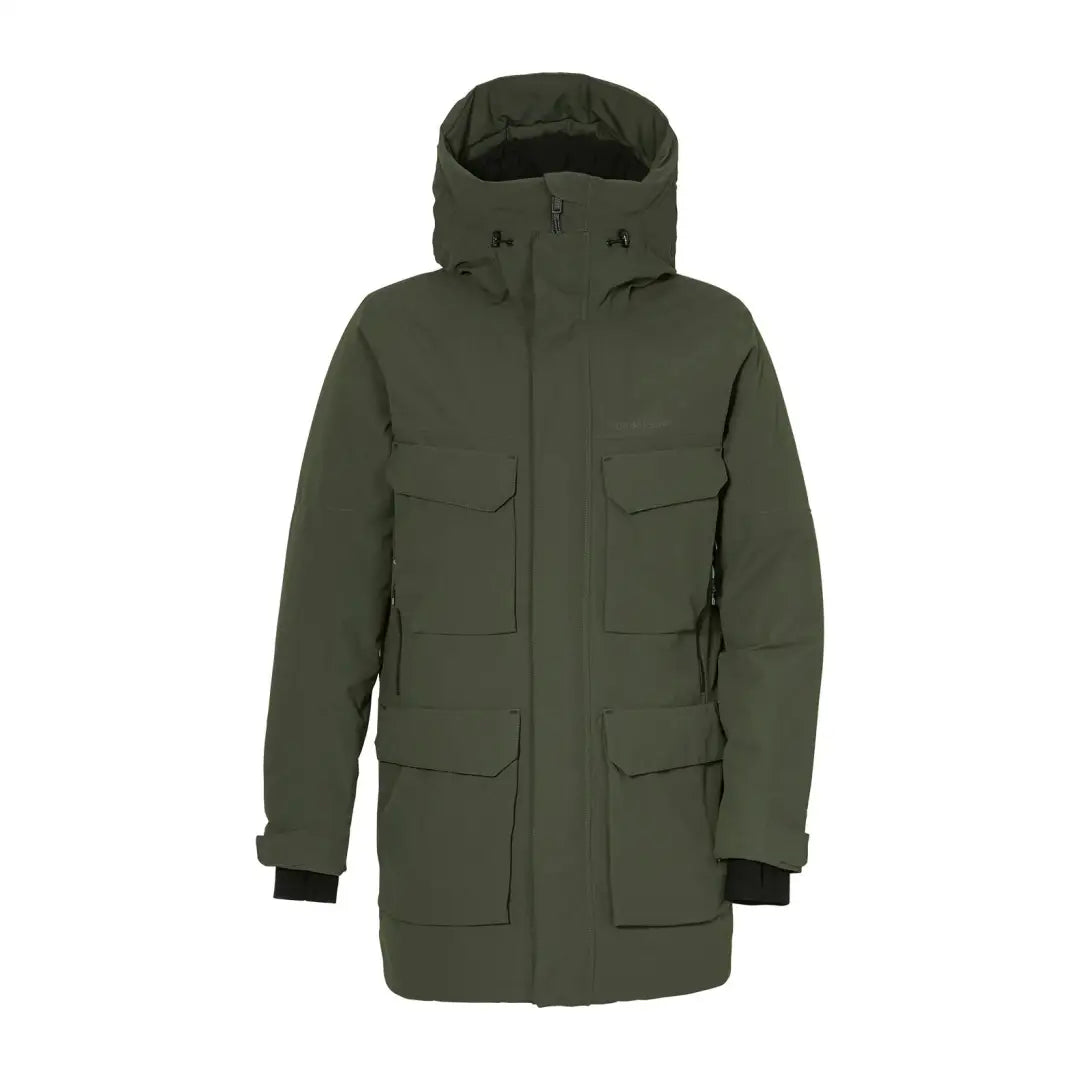 Dark green Didriksons Drew Parka 8 features multiple pockets for stylish winter wear