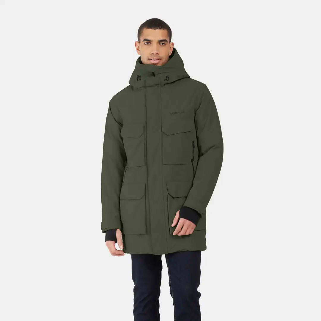 Olive green Didriksons Drew Parka 8 with multiple pockets, perfect for winter adventures