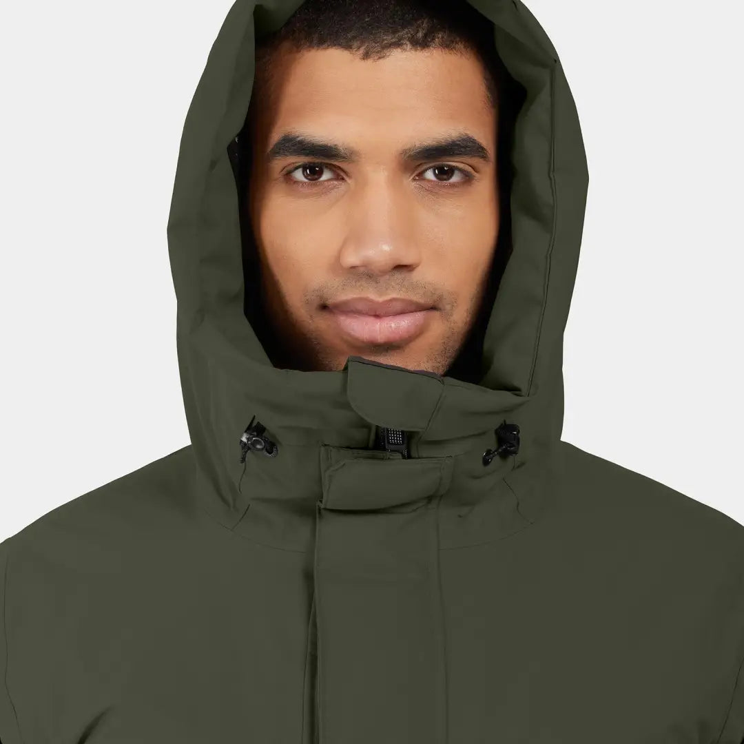 Olive green hooded Didriksons Drew Parka 8 with high collar for stylish warmth