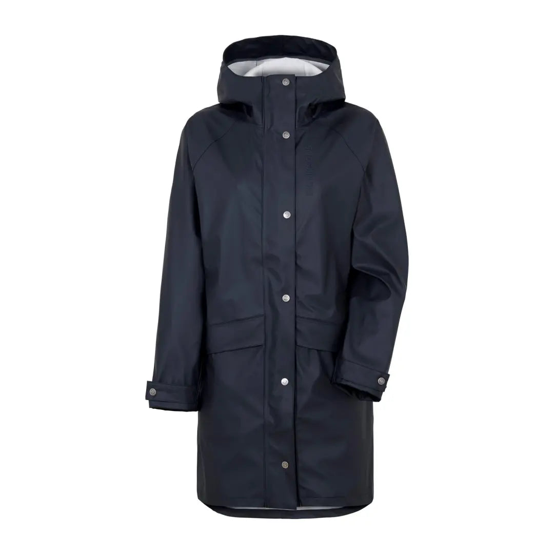 Navy blue Didriksons Elly Womens Parka with hood, long sleeves, and snap closures