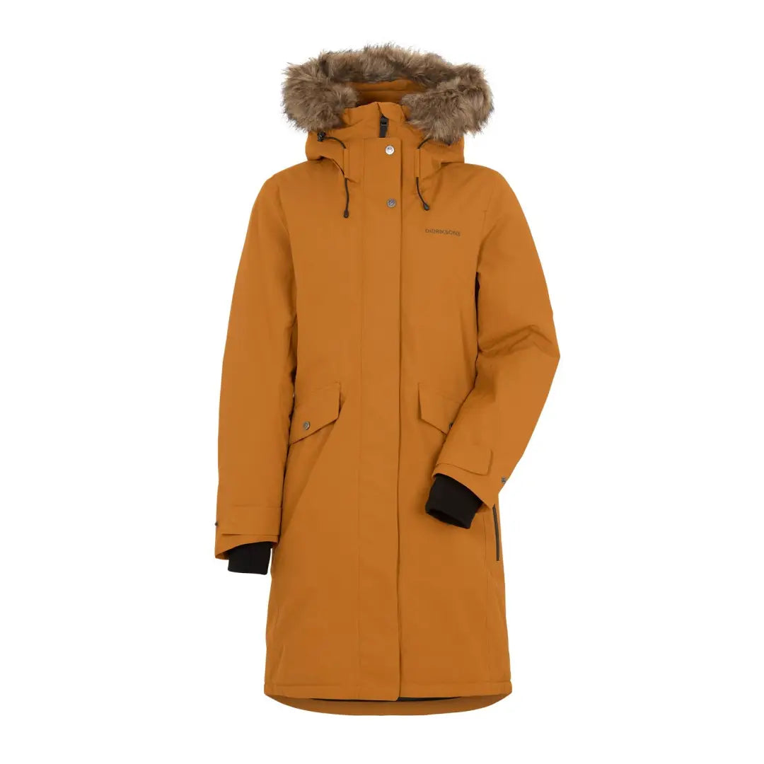 Mustard yellow Didriksons Erika Womens Parka 3 for cozy, stylish cold winter weather