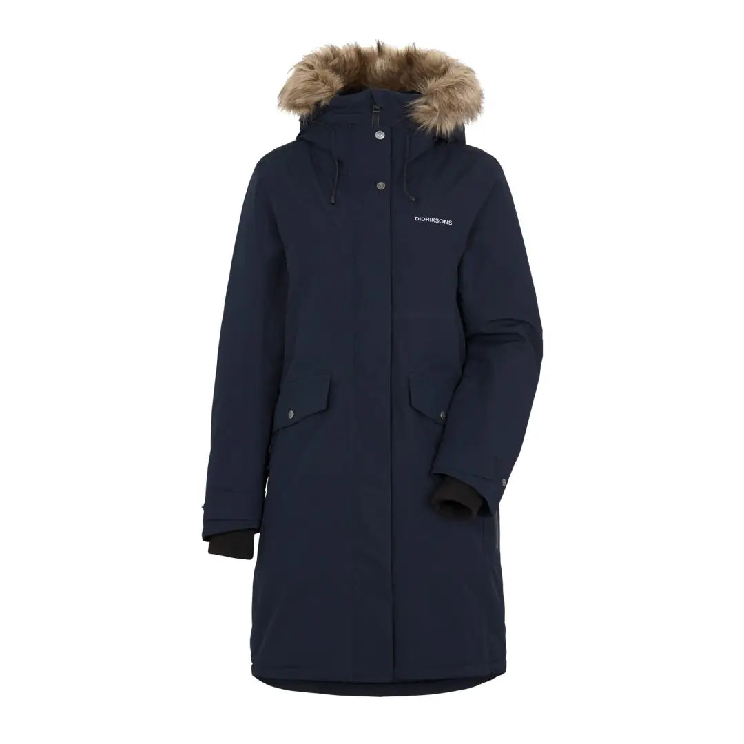 Navy blue Didriksons Erika Womens Parka 3 with fur-trimmed hood for winter style