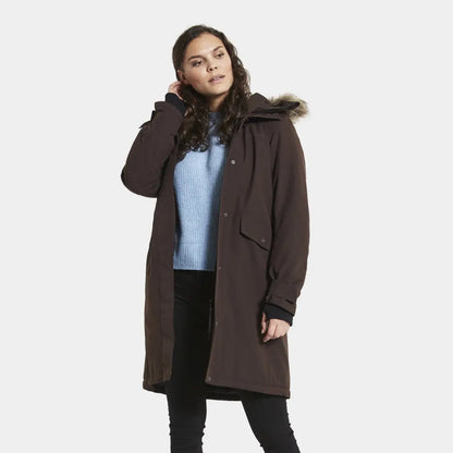 Brown Didriksons Erika Womens Parka with fur-trimmed hood, cozy and stylish