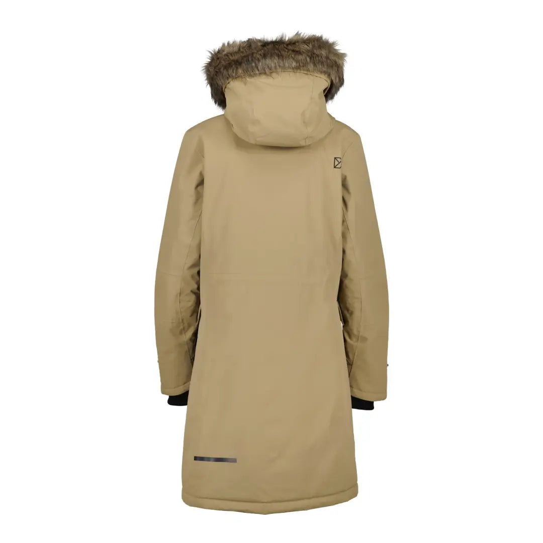 Beige hooded Didriksons Erika Womens Parka with a stylish long design for winter