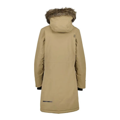 Beige hooded Didriksons Erika Womens Parka with a stylish long design for winter