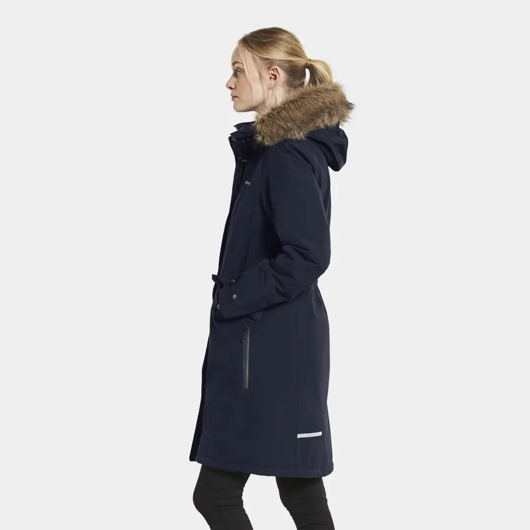 Navy blue Didriksons Erika Womens Parka with fur-trimmed hood and long length