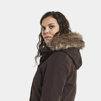 Woman in a dark fur-trimmed hooded coat, Didriksons Erika Womens Parka 3