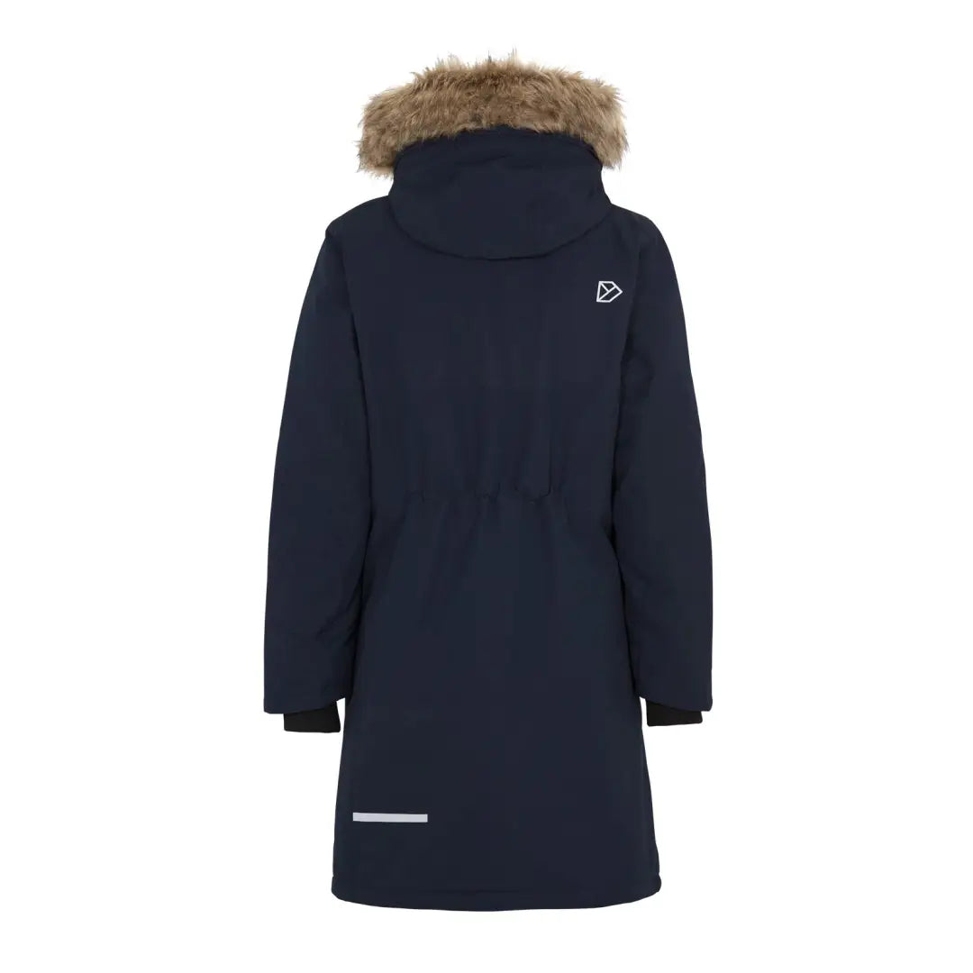 Navy blue Didriksons Erika Womens Parka 3 with fur-trimmed hood for winter style