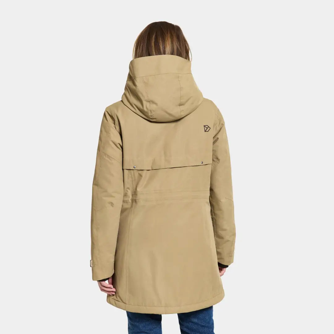 Beige Didriksons Frida Womens Parka with a cozy hood and stylish zipper detail