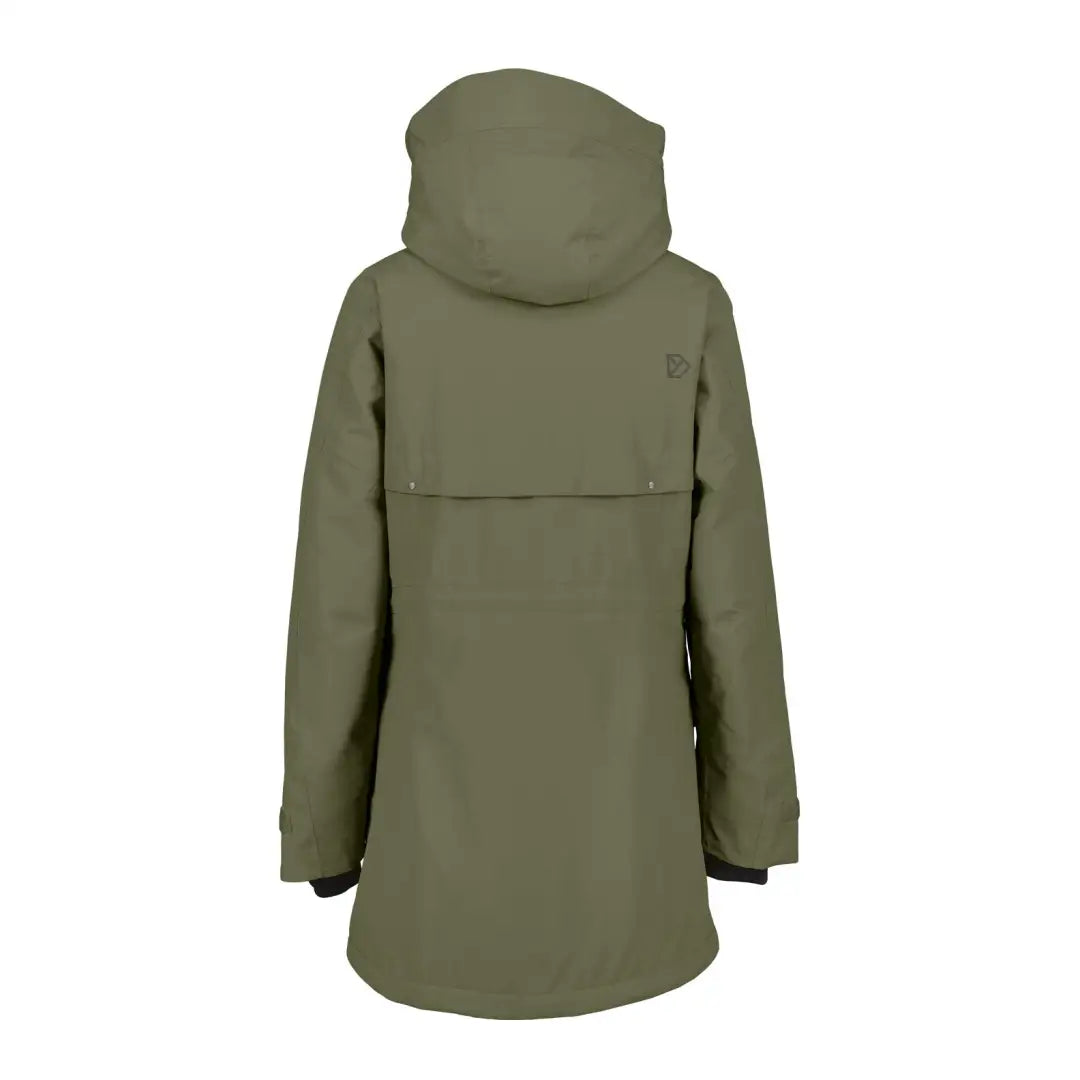 Olive green Didriksons Frida Womens Parka 7 with adjustable hood and taped seams