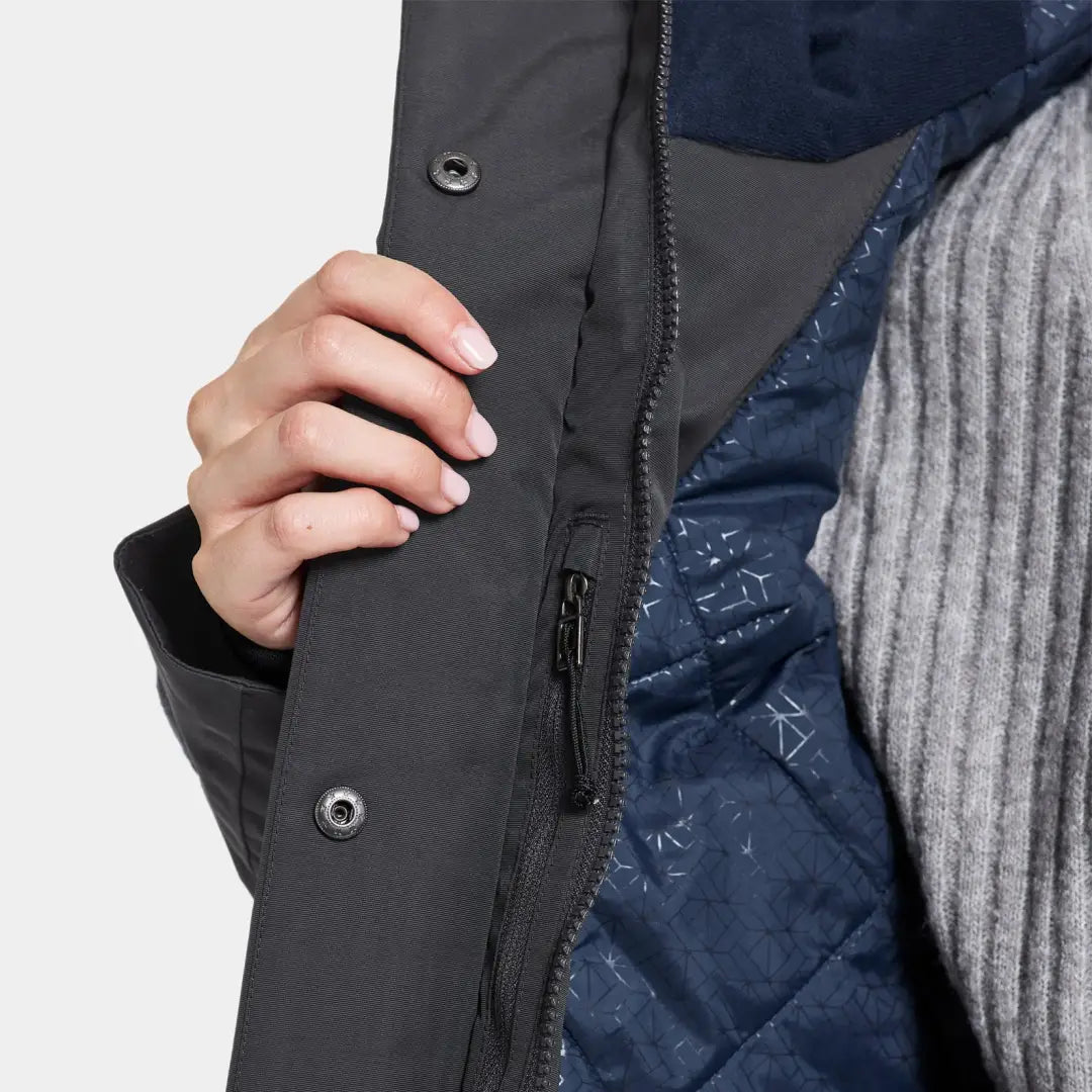 Winter jacket with gray shell and navy lining, fully windproof Didriksons Frida Womens Parka