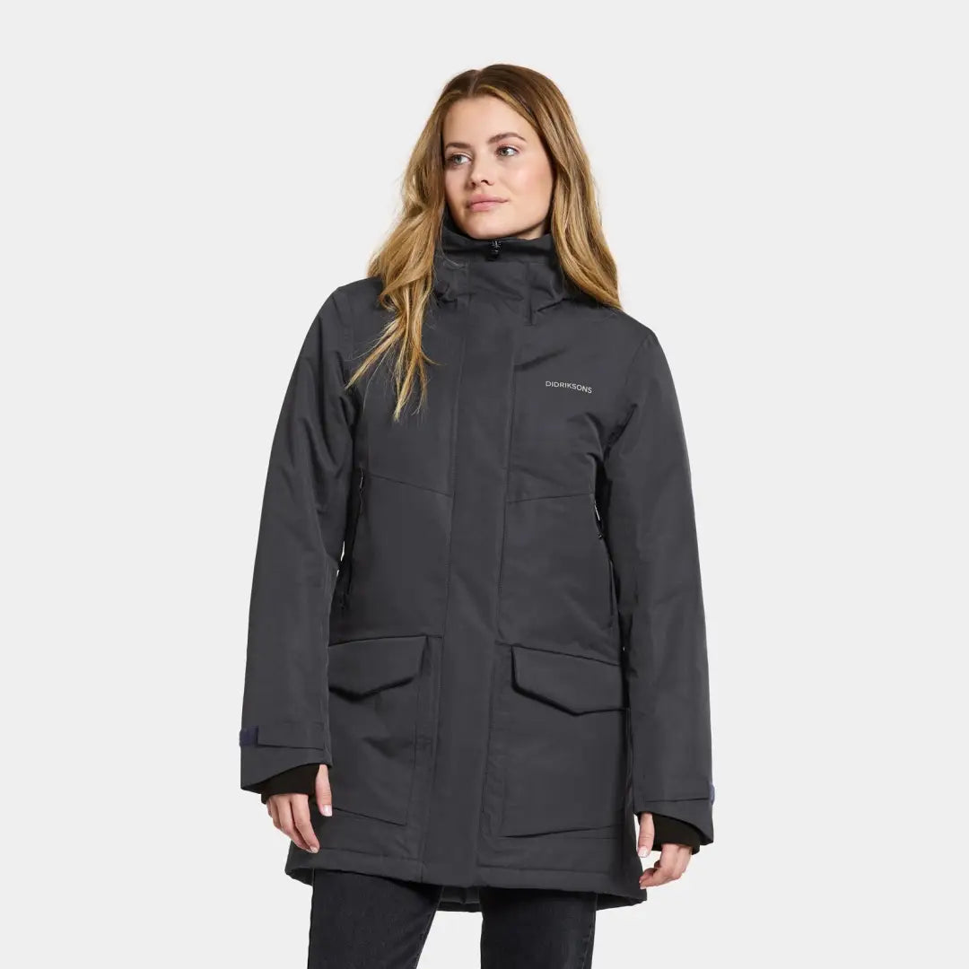 Dark gray Didriksons Frida Womens Parka 7, fully windproof with high collar and pockets