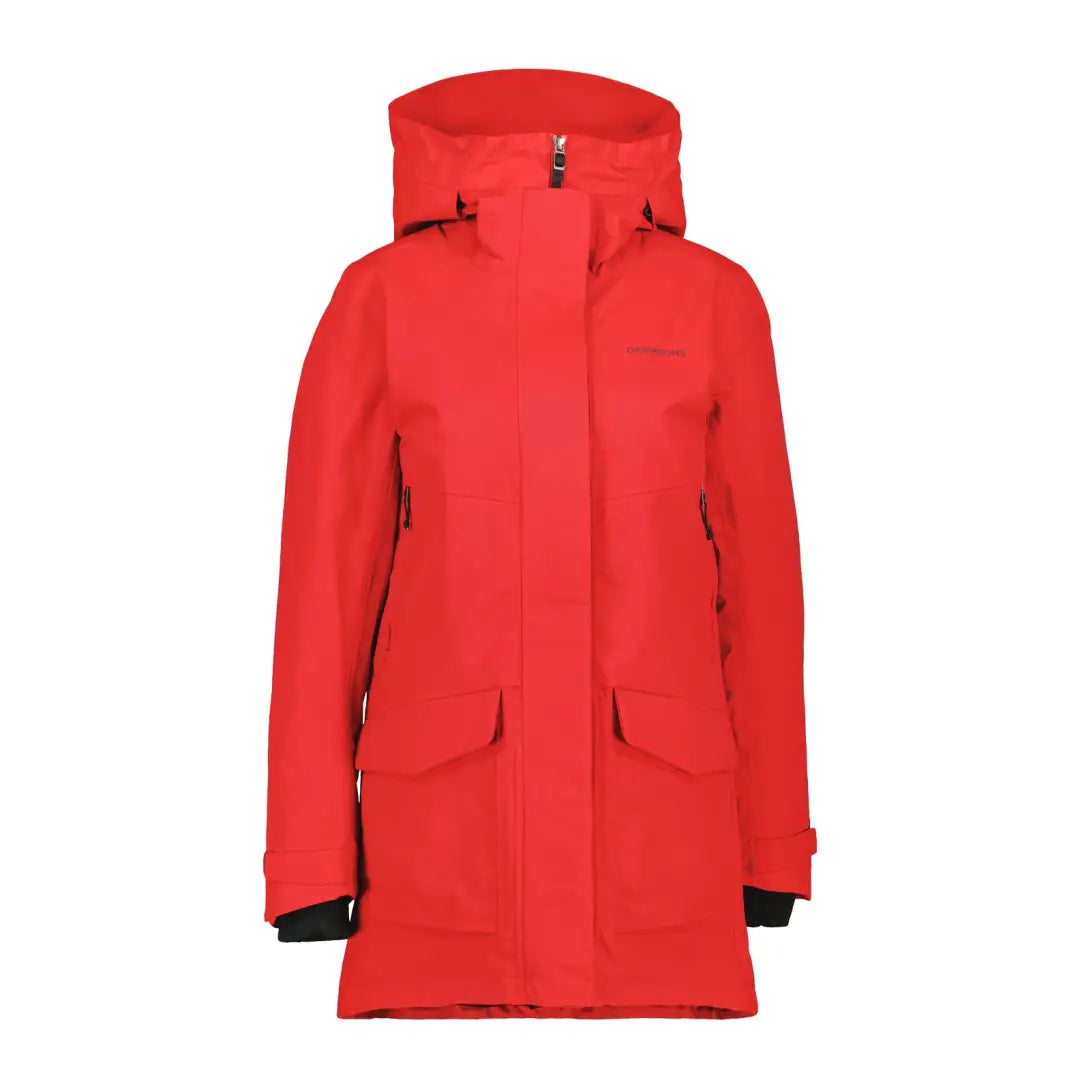 Bright red Didriksons Frida Women’s Parka 7, fully windproof with taped seams. Perfect country clothing