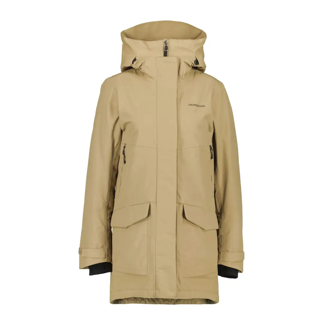 Beige Didriksons Frida Womens Parka 7 with pockets and zipper for ultimate winter warmth