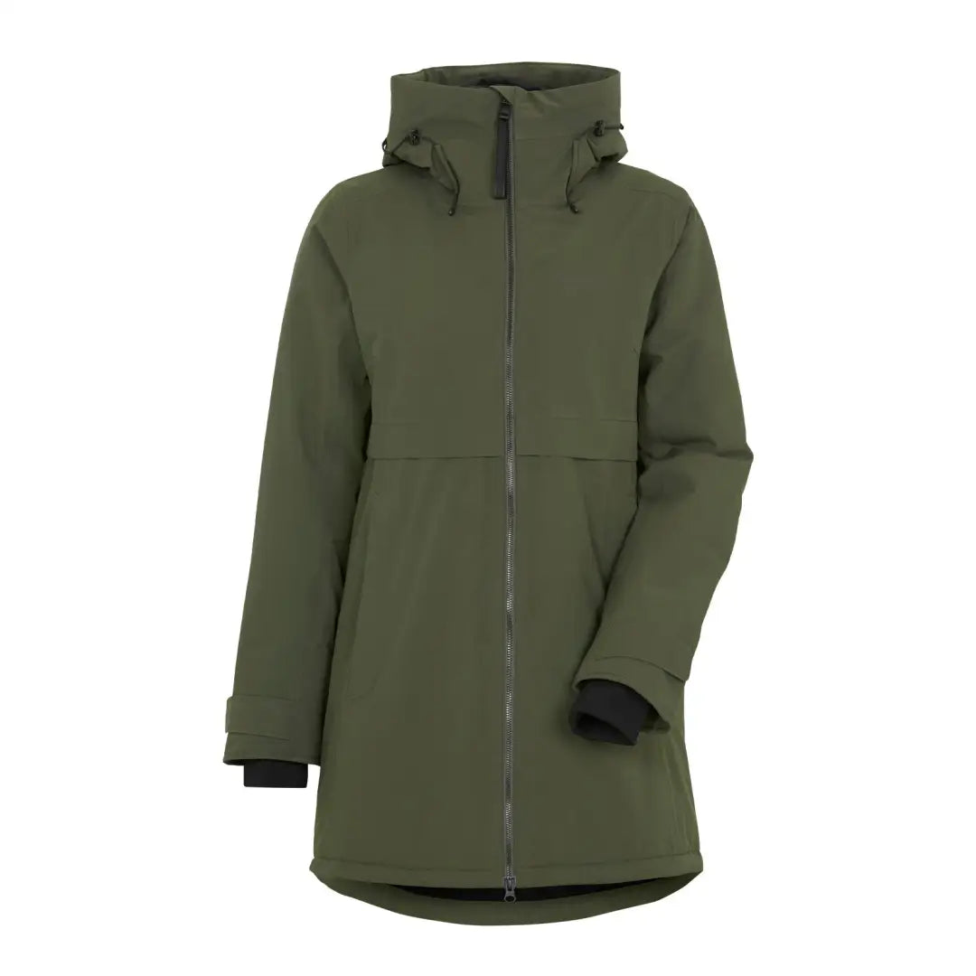 Olive green Didriksons Helle Womens Parka 5 with a full-length zipper for winter warmth