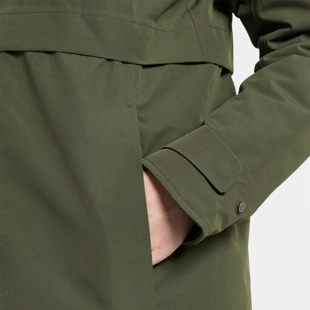 Olive green Didriksons Helle Womens Parka 5 featuring pocket and cuff details