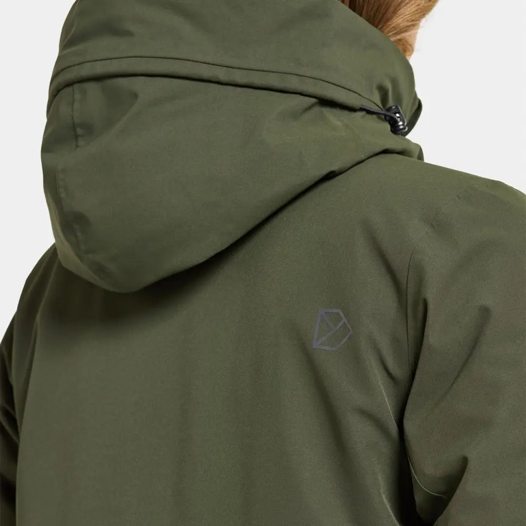 Olive green Didriksons Helle Womens Parka with logo on the back, stylish and cozy