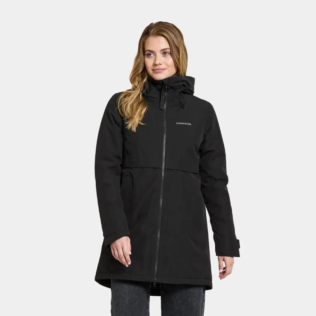 Black winter coat with high collar and full-length zipper, perfect light padded parka