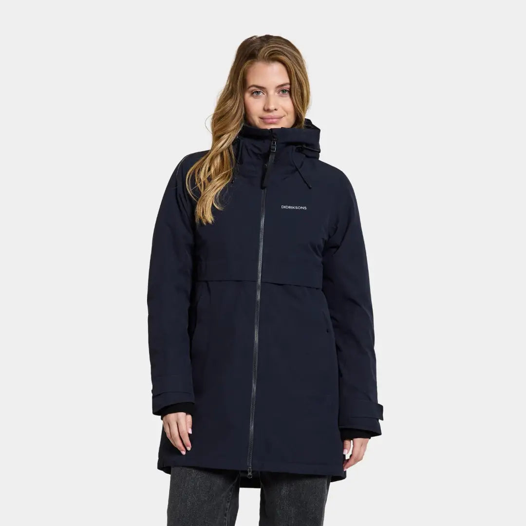 Navy blue Didriksons Helle Womens Parka 5, soft fabric, regular fit, fully windproof