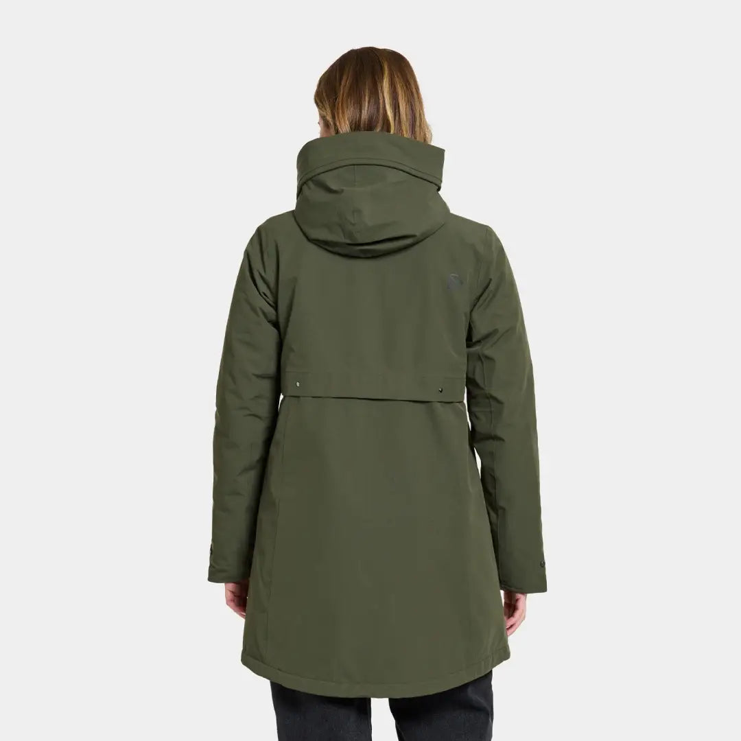 Green hooded winter coat back view of Didriksons Helle Womens Parka 5