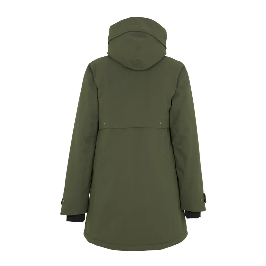 Olive green Didriksons Helle Womens Parka 5 with zipper closure for winter warmth