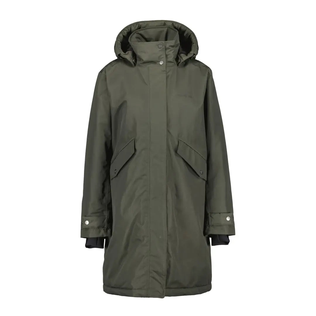 Olive green Didriksons Josefine Womens Parka 2 with classic parka style and side pockets