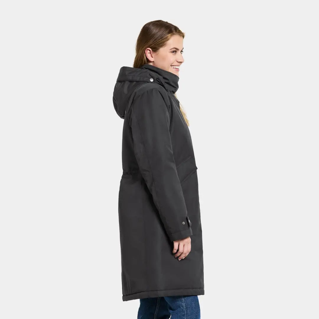 Dark gray hooded Didriksons Josefine Womens Parka 2, a classic windproof parka with high collar