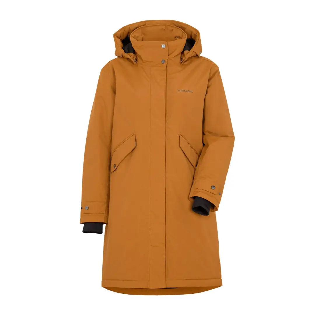 Mustard yellow Didriksons Josefine Womens Parka with hood and front pockets