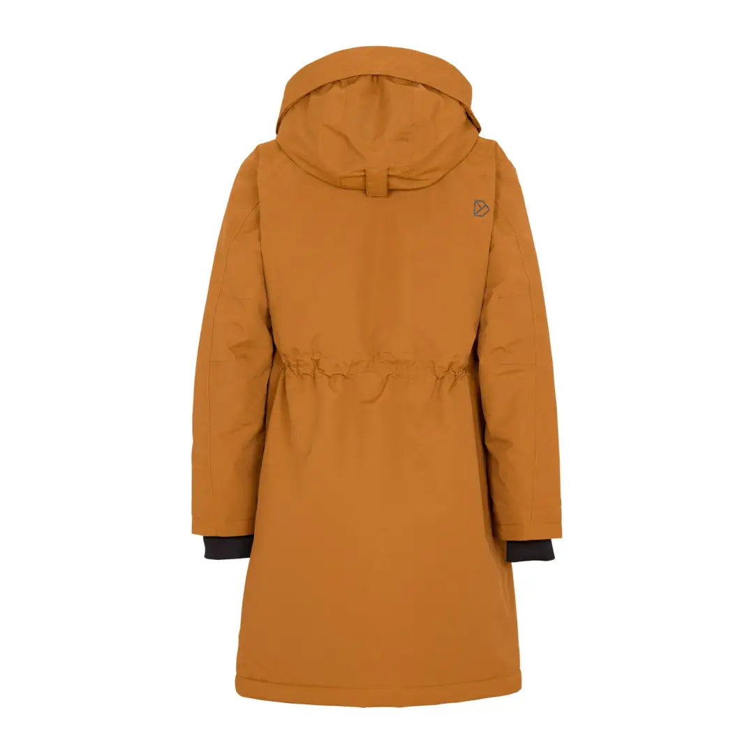 Mustard-colored hooded Didriksons Josefine Womens Parka with drawstring waist