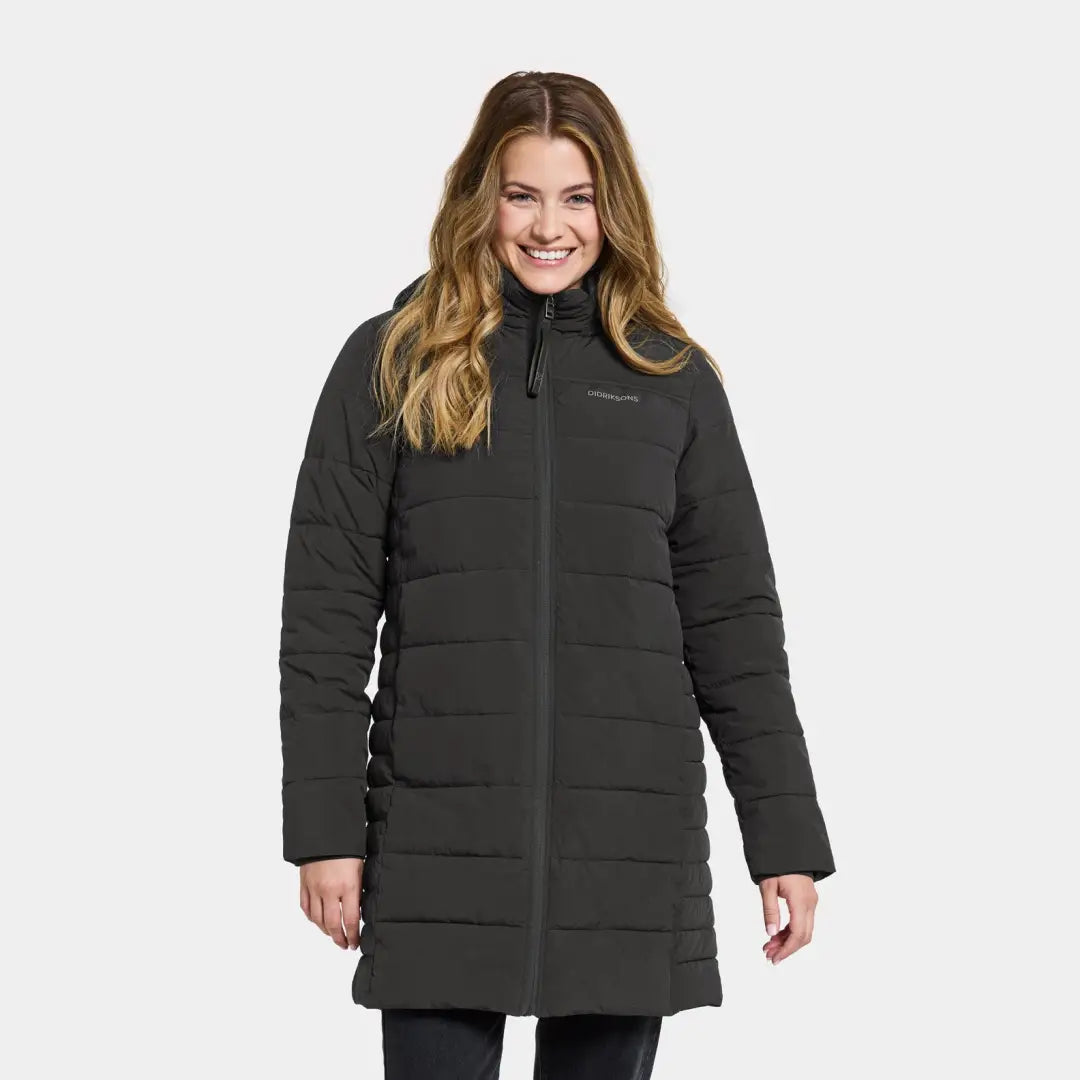 Long black Didriksons Katrin Womens Parka, a classic puff parka with a high collar