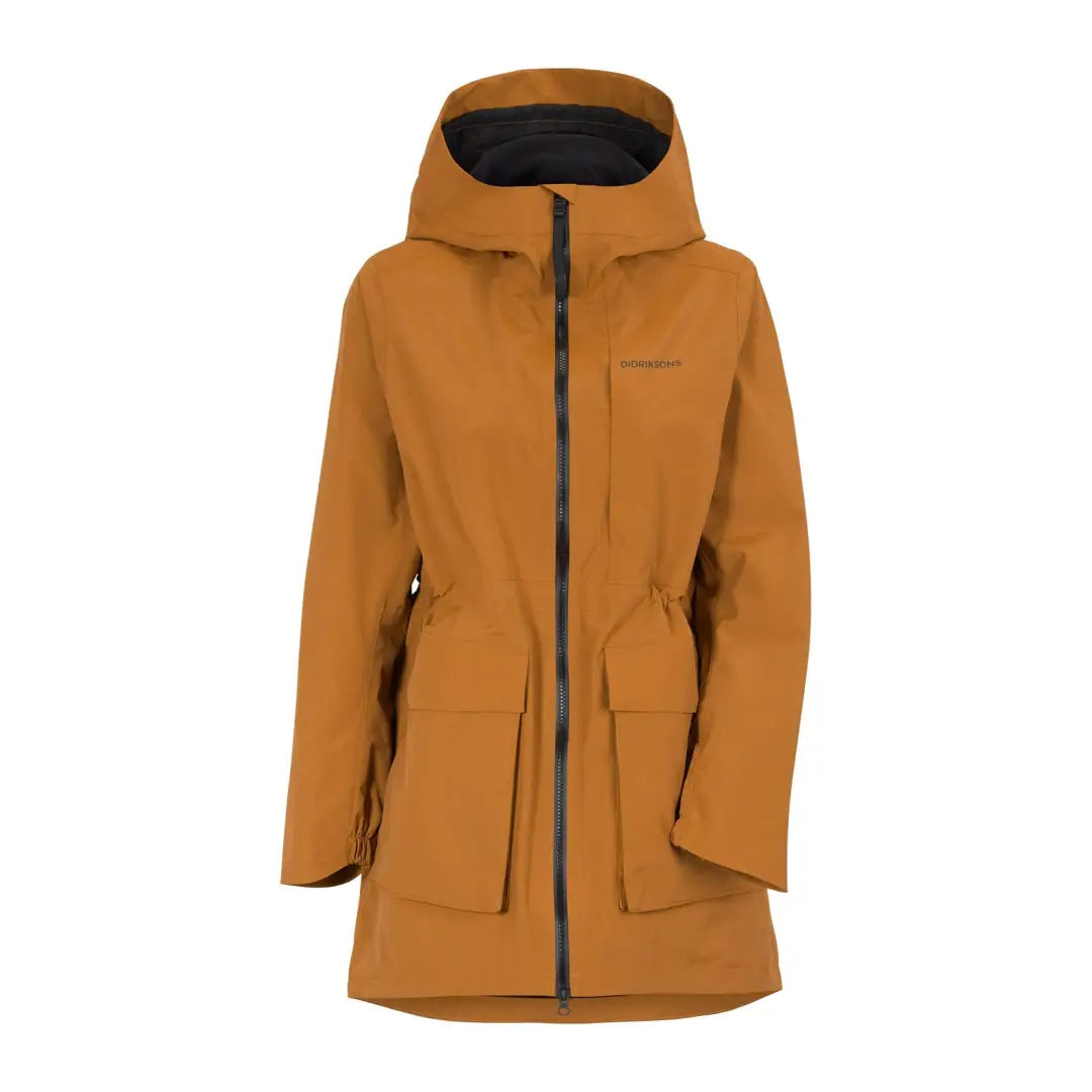 Mustard-colored Didriksons Lana Womens Parka with zippered front and big pockets