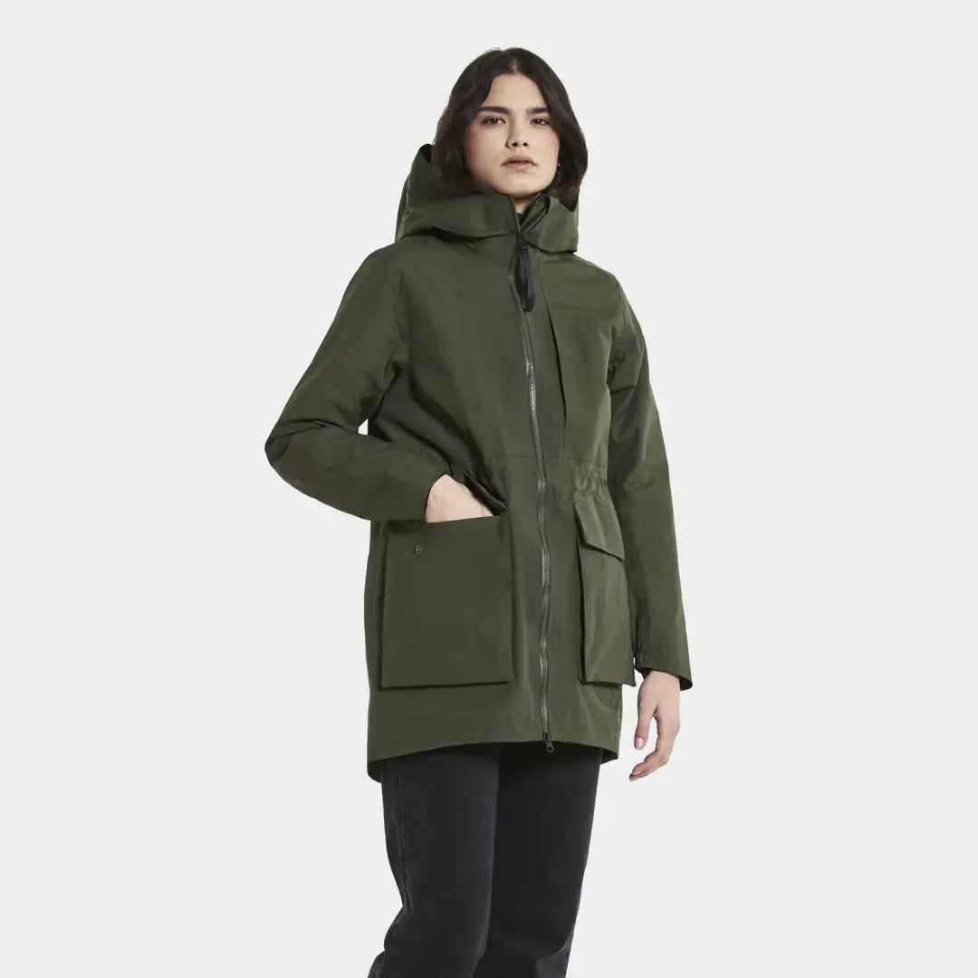 Olive green Didriksons Lana Womens Parka with hood, zippered front, and pockets