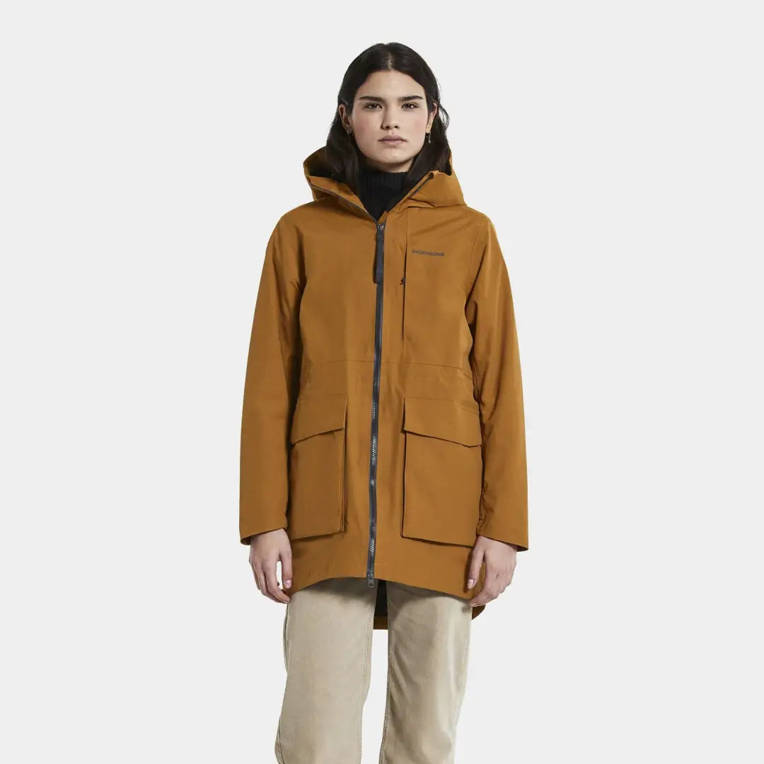 Mustard-colored Didriksons Lana Womens Parka with zippered front and pockets