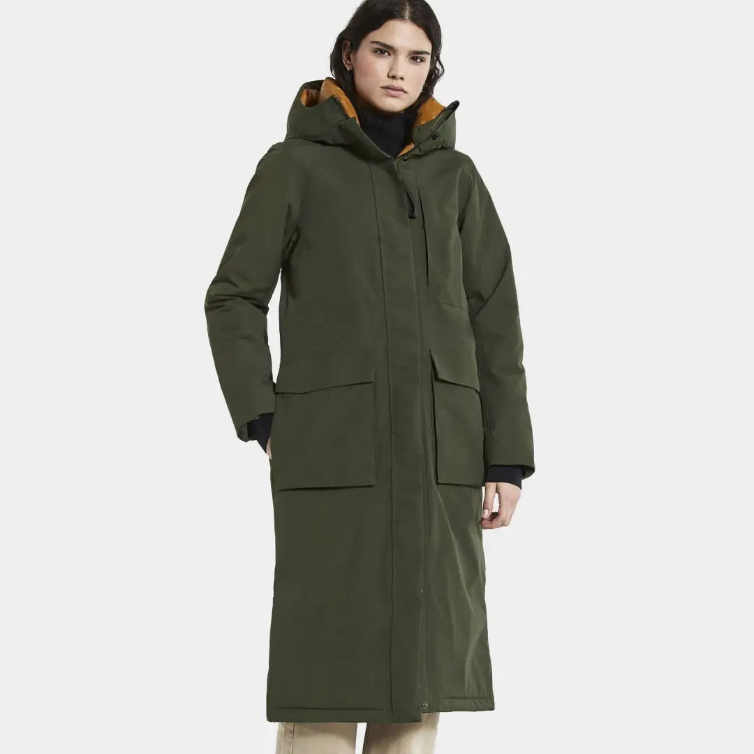 Long Olive Green Didriksons Leya Long Womens Parka 2 with hood and large pockets