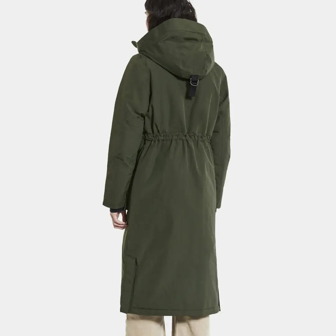 Long olive green hooded Didriksons Leya Long Womens Parka with a cinched waist