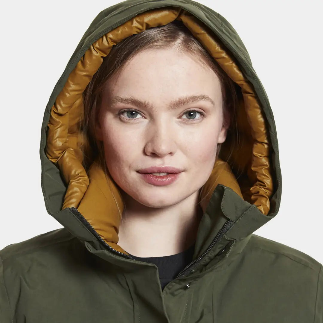 Hooded olive green Didriksons Leya Womens Parka 2 with stylish golden yellow lining