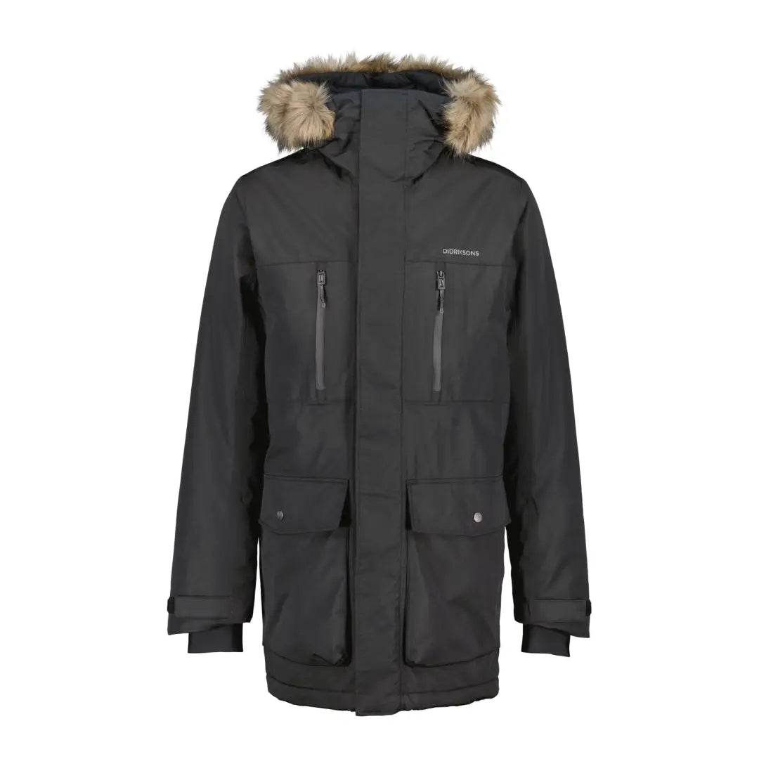 Dark gray Didriksons Marco Parka with fur hood and pockets perfect for winter