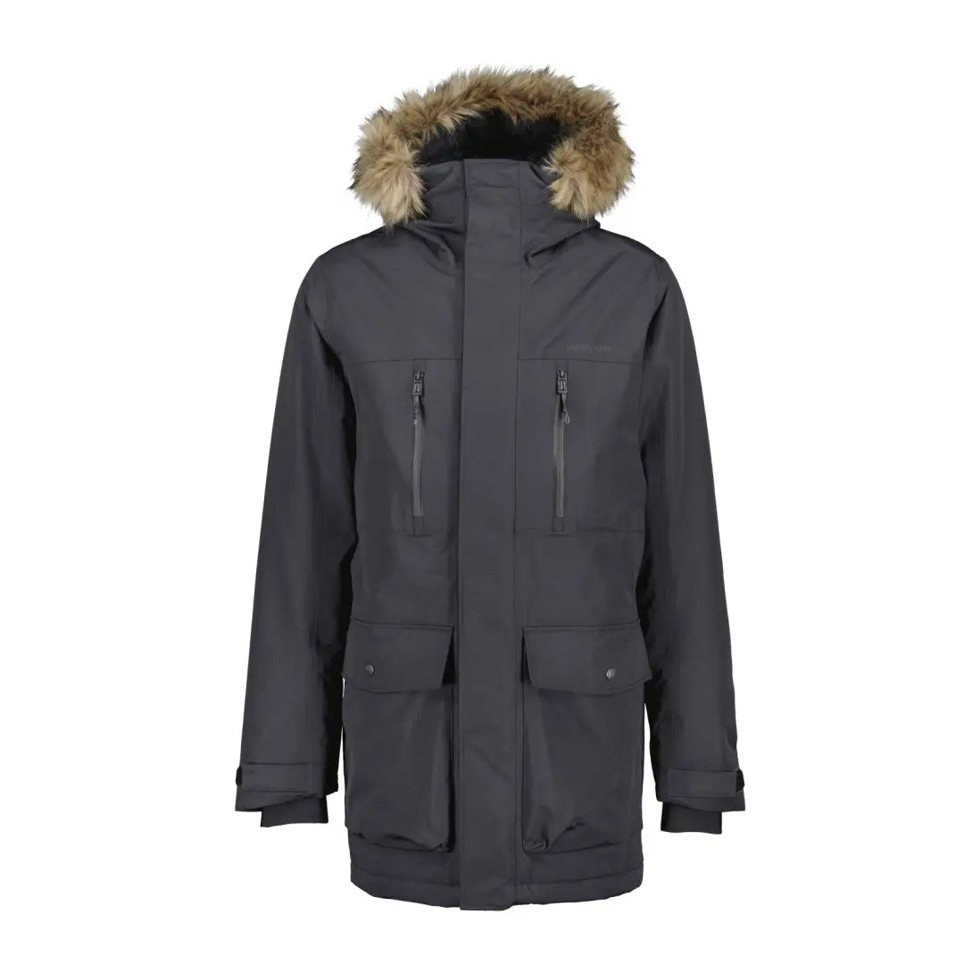 Dark gray Didriksons Marco Parka 3 with fur hood, perfect for country clothing and outdoors