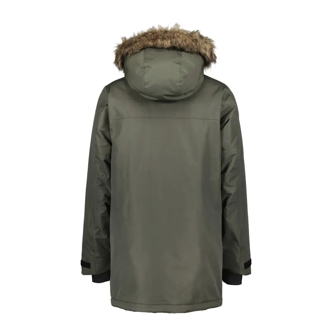 Olive green Didriksons Marco Parka 3 with fur hood, perfect for country clothing and outdoors