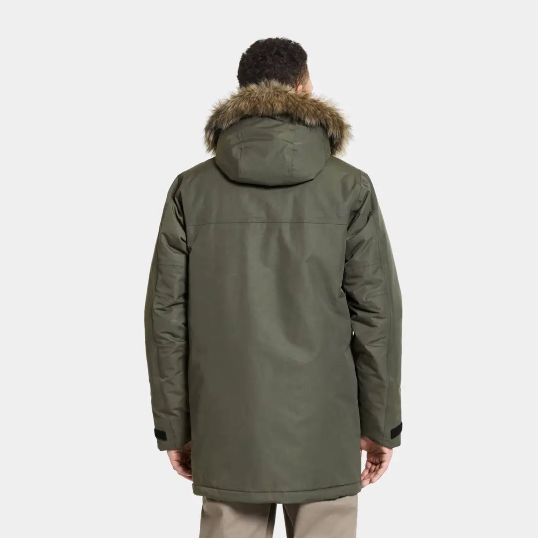 Green Didriksons Marco Parka 3 with fur hood, perfect for country clothing and outdoor adventures