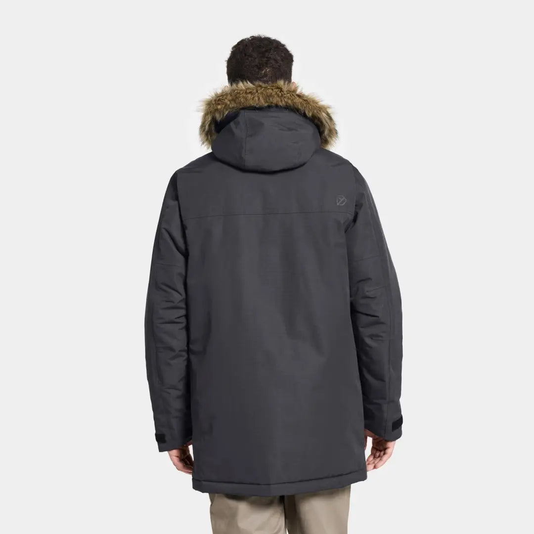 Dark gray Didriksons Marco Parka 3 with fur-trimmed hood for country clothing outdoors