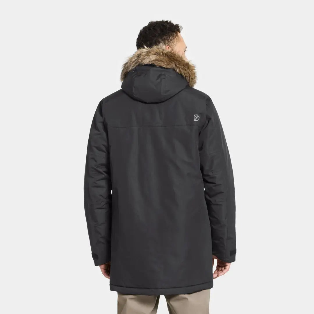 Dark gray Didriksons Marco Parka 3 with a cozy fur-trimmed hood for winter warmth