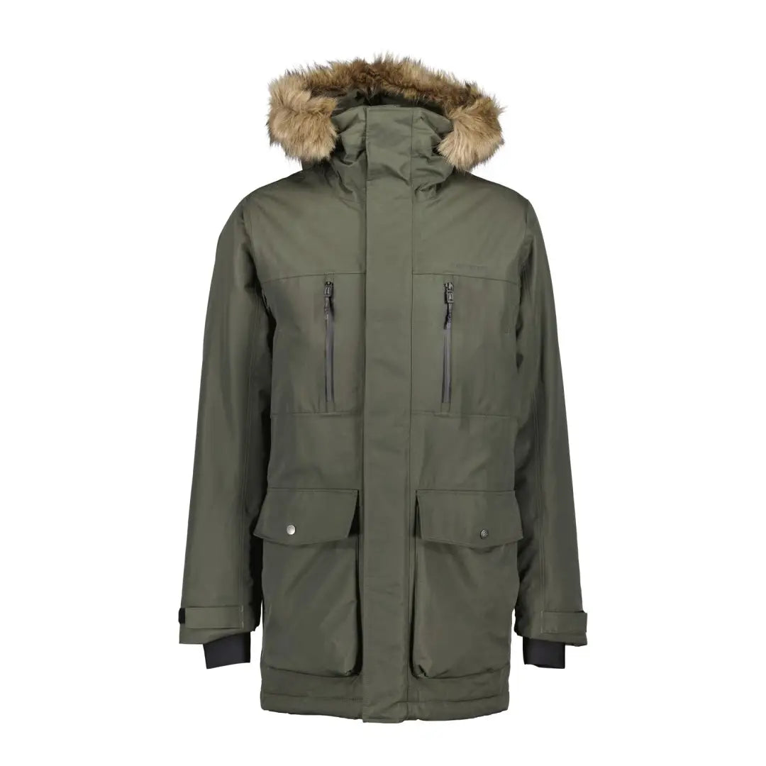 Green Didriksons Marco Parka 3 with fur hood, perfect for country clothing and outdoors