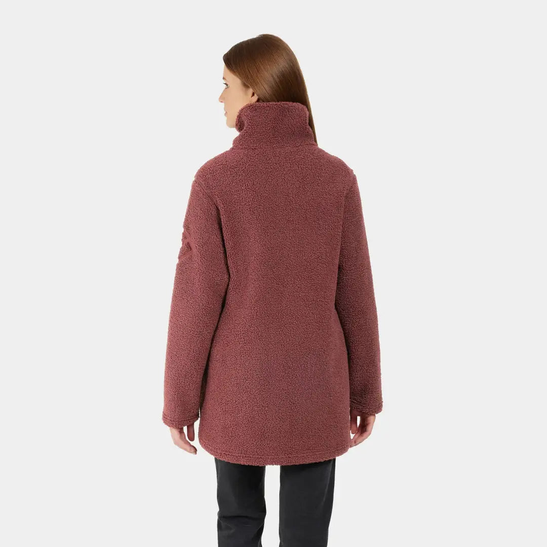 Burgundy Didriksons Marina Half Zip Fleece jacket with high collar on a person