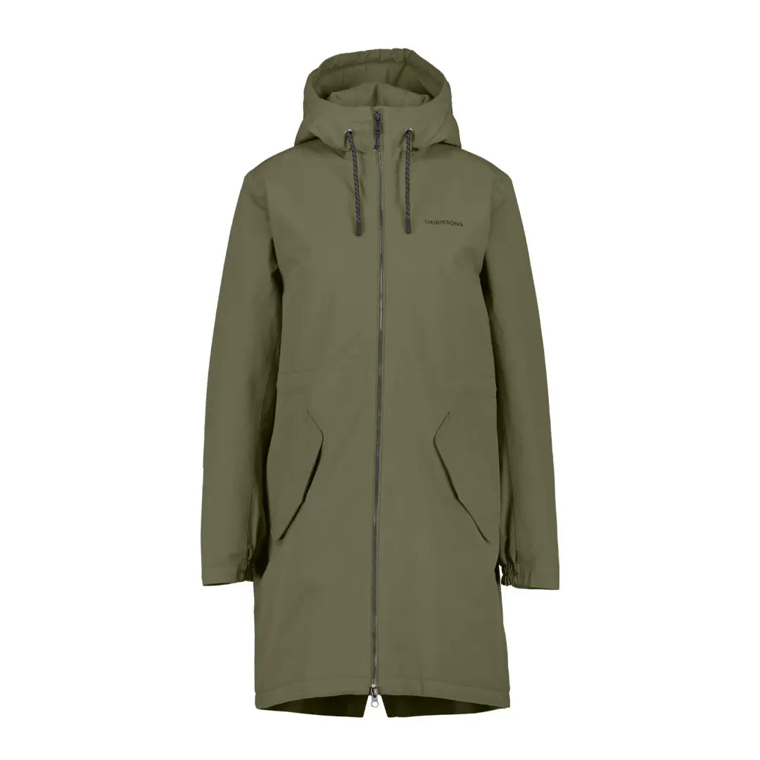 Olive green Didriksons Marta-Lisa Womens Parka 3 with soft polyester weave and taped seams